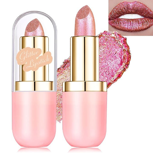 Glitter Lipstick Makeup, Rose Gold Holographic Metallic Lip Stick Long Lasting Lightweight Non-Sticky Hydrating Lip Tinted Full Coverage Sparkling Chameleon Lipstick for Women