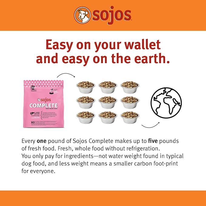 Sojos Complete Freeze Dried Raw Adult Dry Dog Food, Grain Free, Natural, Lamb Recipe, 1.75 lb Bag