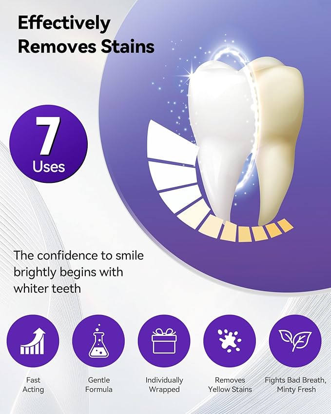 Teeth Whitening Strips 7 Treatments, Enamel Safe for Sensitive Tooth, Whitens Teeth, Purple Whitening Strips, Removes Yellow Stains & Bad Breath - Effective Color Correction for a Brighter Smile
