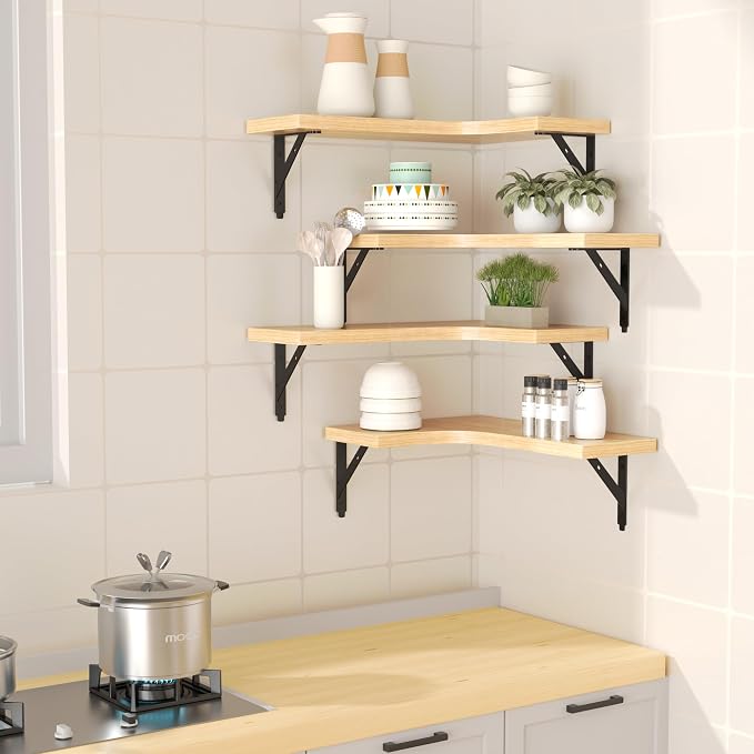 ROMGUAR CRAFT Corner Floating Shelves Wall Mounted Set of 4, Rustic Wood Storage Display Shelves for Home Decor, Bathroom, Kitchen, Bedroom, Living Room, Office (Natural)