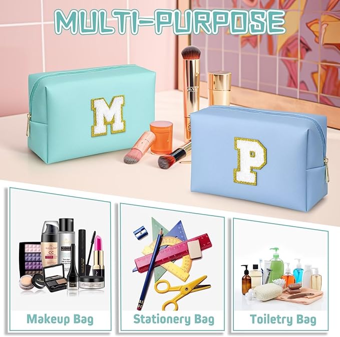 TOPEAST Preppy Makeup Bag, Small Cosmetic Travel Bags for Women, PU Leather Waterproof Toiletry Bag with Zipper, Personalized Birthday Gift for Women Girl, Preppy Gifts for Girl (Blue F)