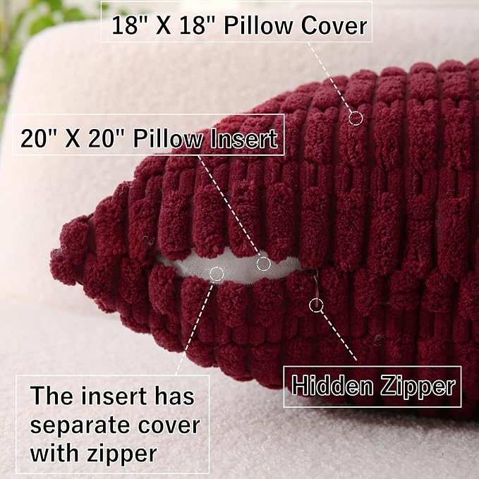 2 Pack Corduroy Decorative Throw Pillow with Inserts, 18x18 Inch Soft Boho Throw Pillow, Square Striped Throw Pillows for Couch, Bed, Sofa Decor (Burgundy)