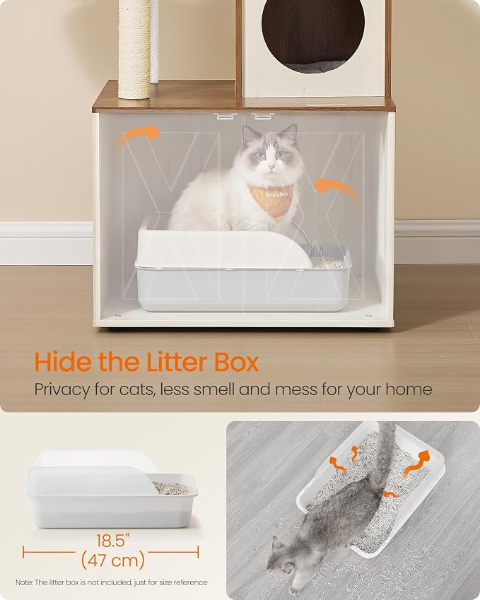 Feandrea Cat Tree with Litter Box Enclosure, 59-Inch Modern Cat Tower | 2-In-1 Condo with Scratching Posts, Washable Removable Cushion, Rustic White and Honey Brown UPCT113W201