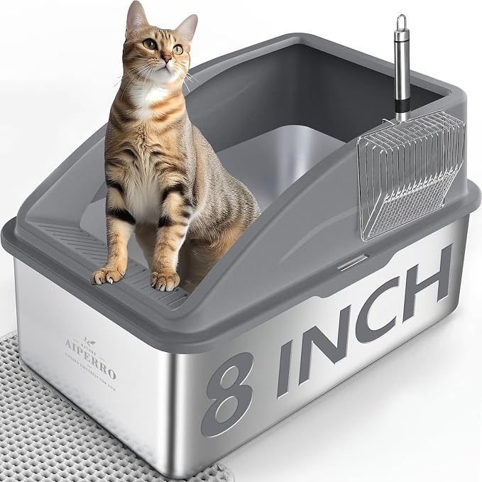AIPERRO Stainless Steel Litter Box | XXL Deepened 8" Design Meatl Cat Box | High Sided with Lid for Big Cats | Anti-Urine Leakage | Non-Stick Bottom & Easy to Clean | Includes Litter Mat & Metal Scoop
