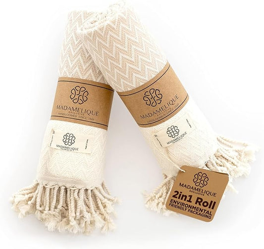 Madamelique Exclusive Hand Towels Set of 2-18 x 40 Inches - Decorative Bathroom Peshtemal Towel for Hand, Face, Hair, Yoga, Tea, Dishcloth, Kitchen and Bath - 100% Pure Cotton (Beige)