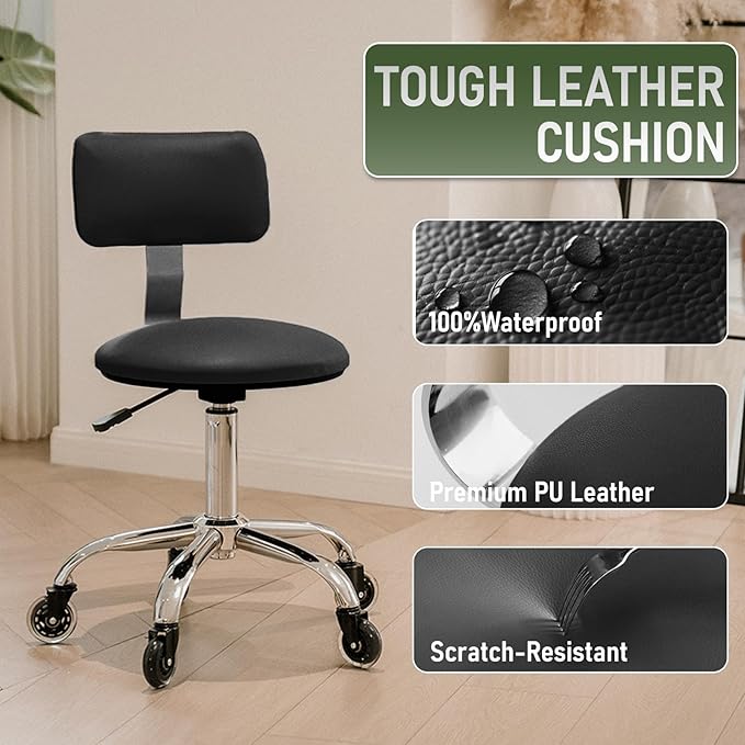 Rolling Stool Chair with Wheels, Height Adjustable Stool with Back Support, Heavy Duty Rolling Shop Chair with PU Leather Seat Cushion for Salon Spa Massage Kitchen Vanity Garage Tattoo Dentist(Black)