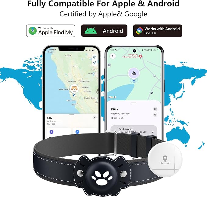 2-in-1 GPS Tracker for Cats: Smart Pet Collar with Real-Time Tracking,No Monthly Fee/Subscription (iOS & Android) Waterproof, Anti-Lost,365-Day Long Battery Life GPS Tracker Cat Collar (Blue)