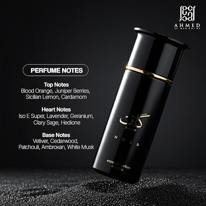Ahmed Al Maghribi Kaaf Noir Extrait De Parfum 3.4 Oz – Luxury Unisex Long Lasting Perfume for Men & Women | Citrus Woody Aromatic Fragrance with Vetiver, Lavender, Musk | Premium Arabic Perfume