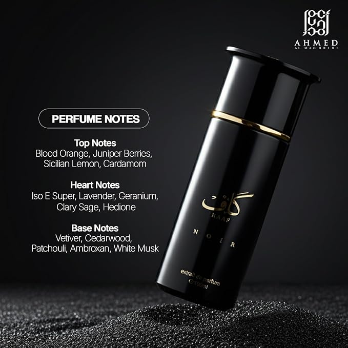 Ahmed Al Maghribi Kaaf Noir Extrait De Parfum 3.4 Oz – Luxury Unisex Long Lasting Perfume for Men & Women | Citrus Woody Aromatic Fragrance with Vetiver, Lavender, Musk | Premium Arabic Perfume