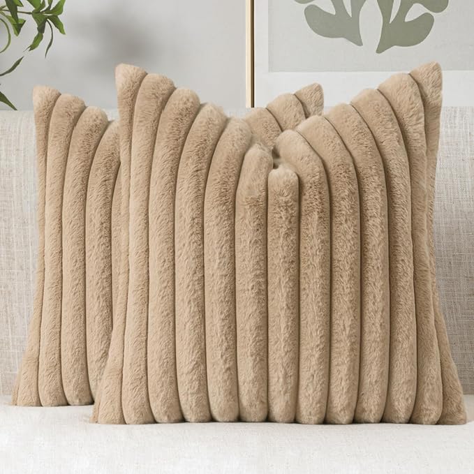 MIULEE Faux Fur Decorative Throw Pillow Covers 16x16 Set of 2 Khaki | Modern Fall Soft Plush Couch Pillows, Cozy Fluffy Cushion Covers for Sofa Bed Living Room Home Decor