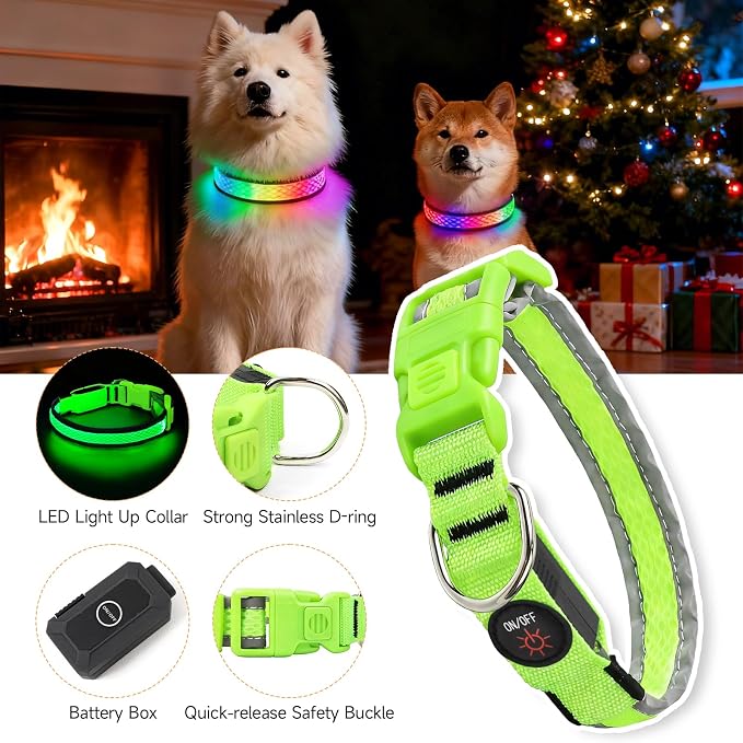 LED Dog Collar, Light Up Dog Collar,for Night Walking(Small,Green) | Adjustable,Bright RGB 7 Colors Light Glowing Collar,Waterproof,Nylon,Soft,For Small and Medium Dogs,USB C to Charge