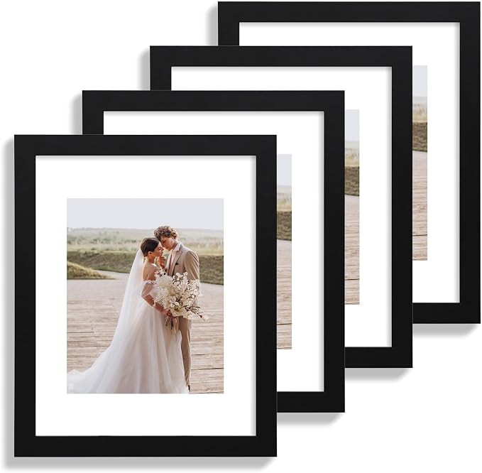 Hongkee 11x14 Picture Frame Set of 4, Made of Glass and Black Wooden Frame, Display 8x10 Pictures with Mat or 11 x 14 Posters without Mat for Wall Mounting, Gallery Photo Frames