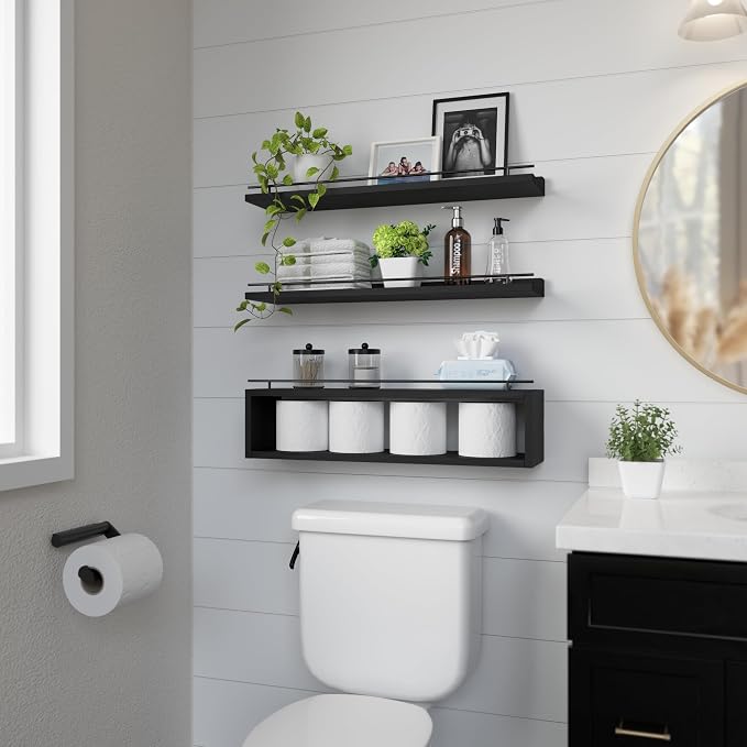 Floating Shelves for Wall 24 inch with Cube Shelf, Wall Shelves with Metal Rail for Decor, Bathroom Organizers and Storage, Over Toilet Shelves for Bathroom, Toilet Paper-Black
