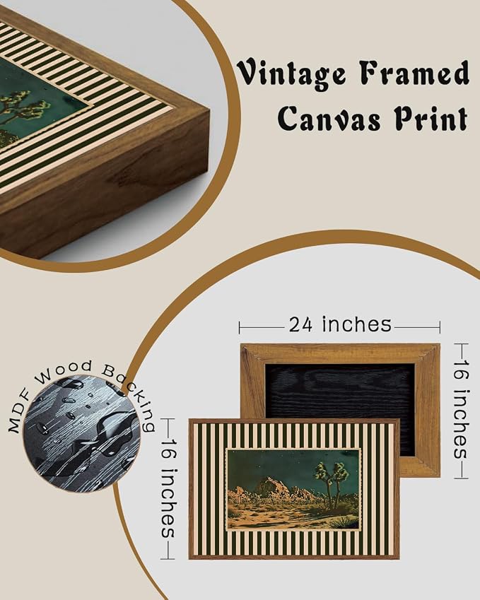 ZZLWBKGL Desert Canvas Art Boho Framed Wall Art for Living Room 16x24in | Vintage Western Artwork Southwestern Cactus Picture Mid Century Striped Paintings for Bedroom Study