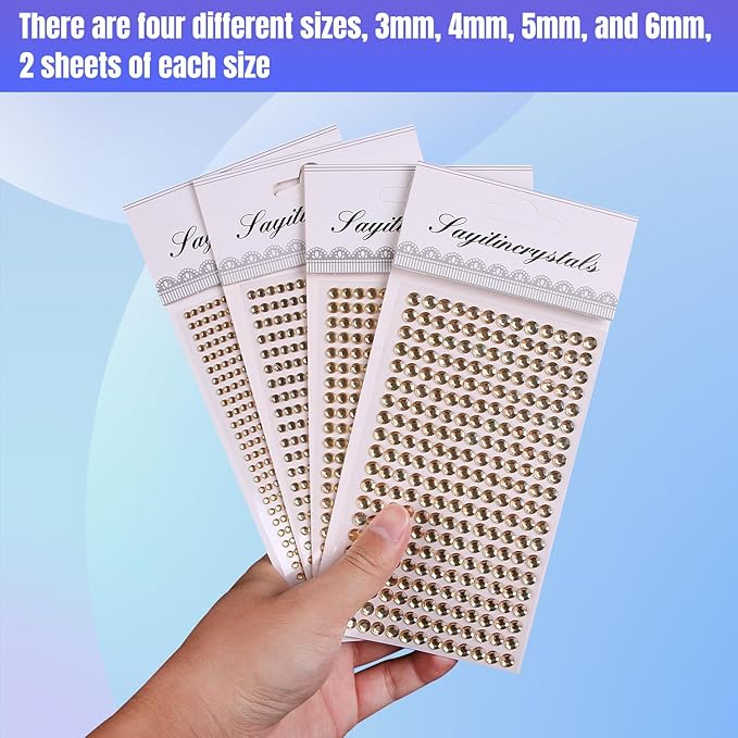 8 Sheets Rhinestone Stickers，3584 Pcs Gem Stickers for DIY Face Eyes Makeup Hair（Shallow Golden-3/4/5/6mm）