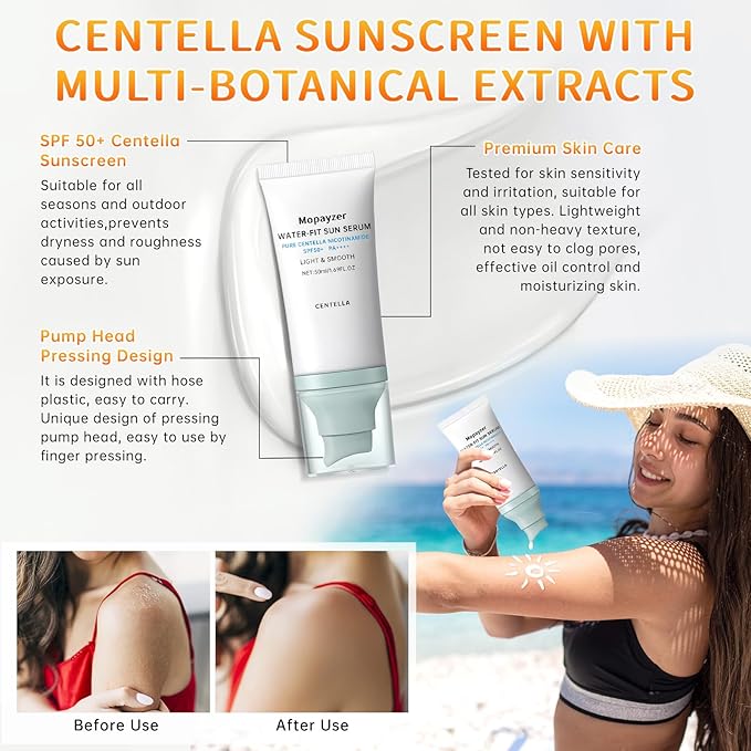 Centella Sunscreen SPF 50, Sunscreen for Face, Water Resistant Strong UV Protection No White Cast, Centella Madagascar Face Suntan Lotion Oil Free Korean Skincare(Green 1)