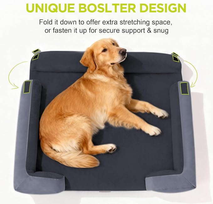 Waterproof Orthopedic Dog Bed for Medium Large Sized Dogs | Memory Foam Pet Bed Sofa with Bolster, Dog Couch with Washable Cover & Non-Slip Bottom, 36x27 Inch, Dark Grey