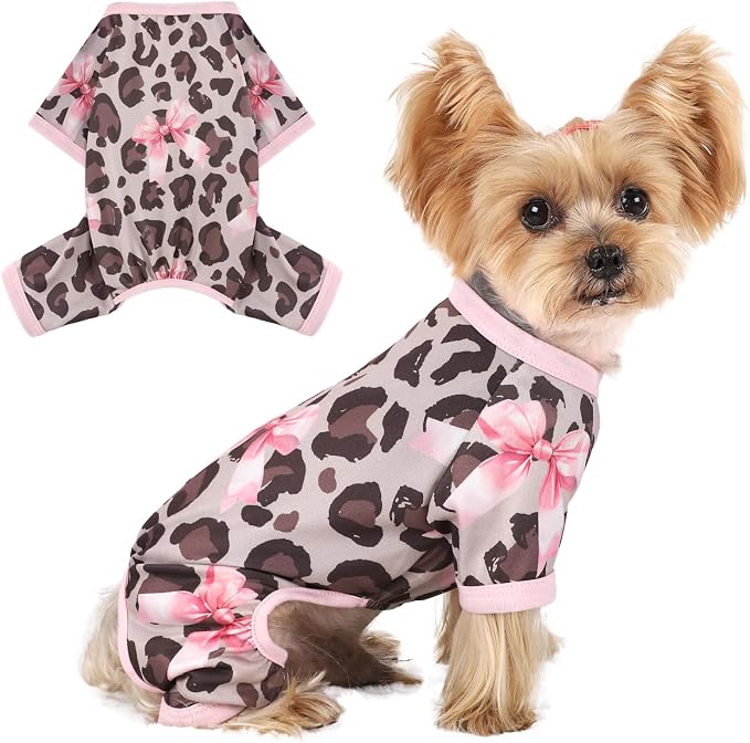 DaFuEn Dog Pajamas for Small Dogs - Soft Stretchy 4-Legged Puppy Onesie & Jumpsuit - Breathable Dog PJs Sleepwear Clothes for Yorkie, Chihuahua, Toy Poodle, Boy & Girl (Brown Leopard Print,XS)