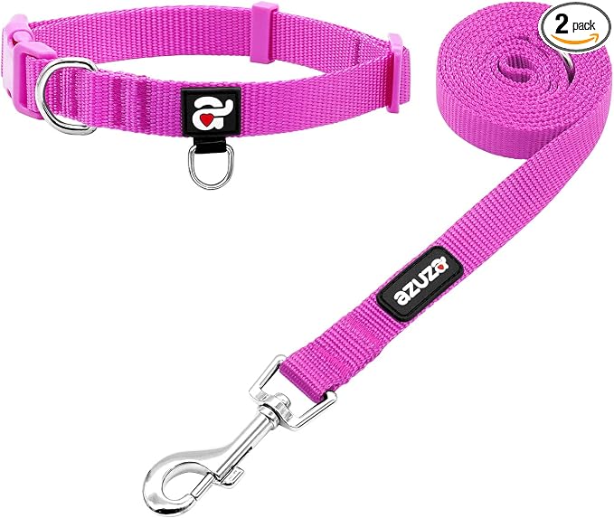 azuza Nylon Dog Collar and Leash Set, Strong & Durable Basic Style Leash and Collar with ID Tag Ring, Available in Multiple Lengths for Small Dogs, Purple,S
