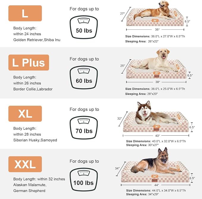 Orthopedic Dog Bed for Large Dogs, 36 x 27 Inch, Pink Grid | Egg crate foam for joint support, 3-sided bolster pet sofa, waterproof lining, washable cover, and non-skid base