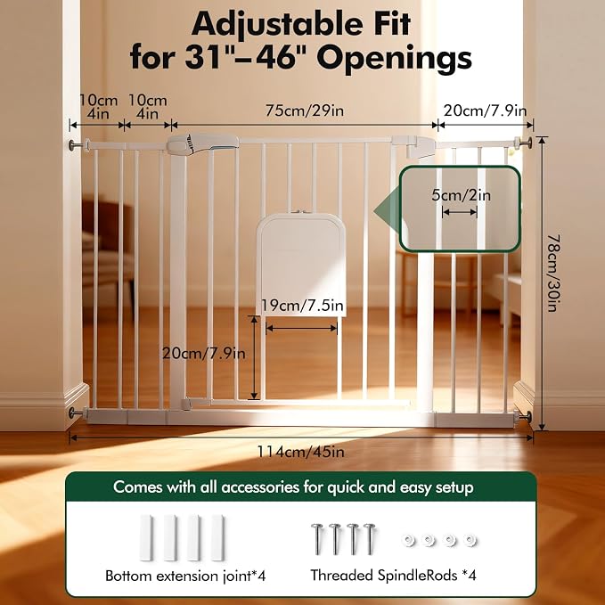 31-46“ Metal Pet Gate with Cat Door, Auto Close,White | Pressure Mounted,Two-way swing door,Pressure mounted no drill setup,adjustable 31-46in width for indoor doorways & stairs