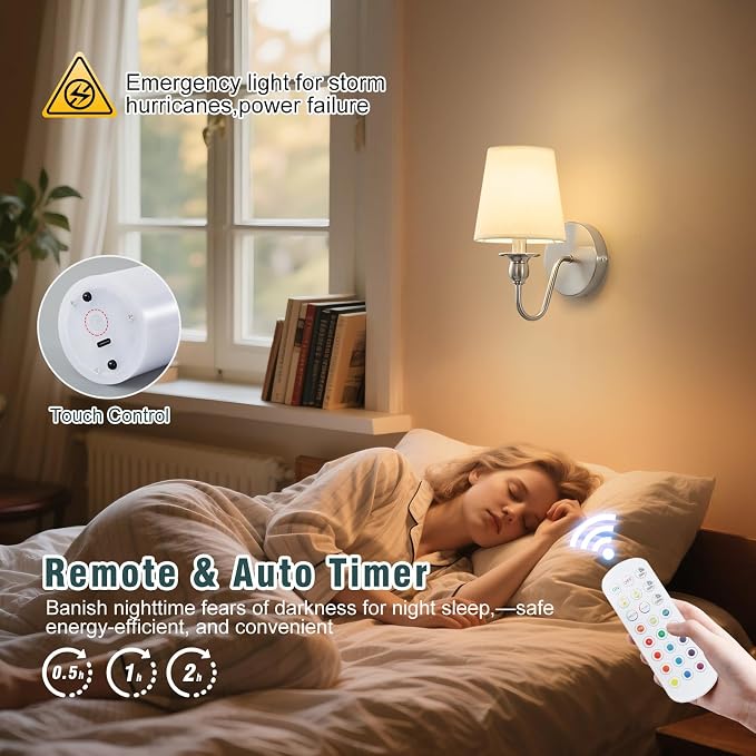 Battery Operated Wall Sconces set of Two,Rechargeable Wall Sconce with 1000mAh Dimmable Bulb and Remote,LED 15 Colors Wireless Battery Powered Wall Sconce with Fabric for Bedroom Living Room (Nickel)
