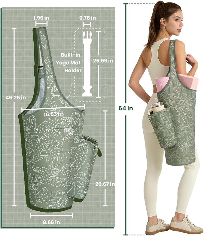 sportsnew Yoga Mat Bag for Women with Drawstring Pocket & Inner Pocket, Large Opening Yoga Mat Carrier for Quick Access, Adjustable Shoulder Strap, Fits 1/4" & 1/2" Thick Mats for Workout, Gym, Pilate