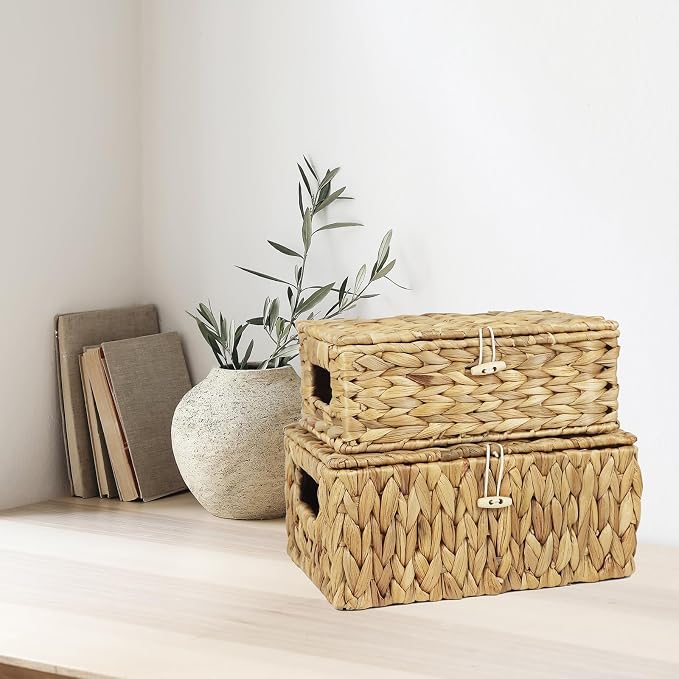 Water Hyacinth Wicker Baskets with Lids, Set of 2 | Small and Medium Storage Boxes, Shelf Organizer Bins, Rectangular Woven Design, Multipurpose Home Storage, Natural Decor