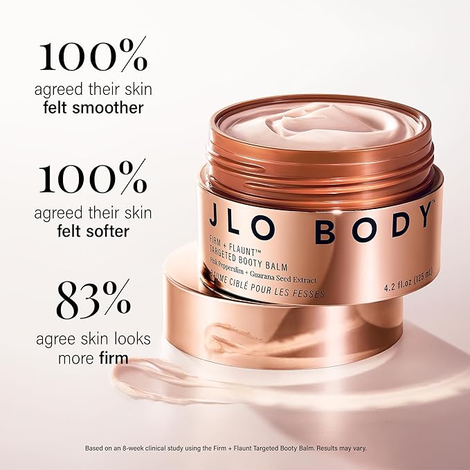 JLO BEAUTY Booty Balm, Skin Firming Cream for Butt, Hips, Thighs & Arms, Enriched with Hyaluronic Acid, Shea Butter, Avocado, and Squalane, Firm + Flaunt Targeted Body Moisturizer for Women, 4.2 Oz