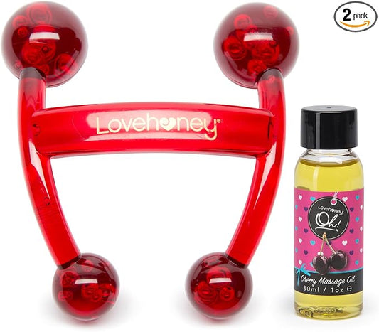 Lovehoney Cherry Flavored Massage Oil 1 fl oz & Red Handheld Body Massager Tool | Relaxation Massage Bundle