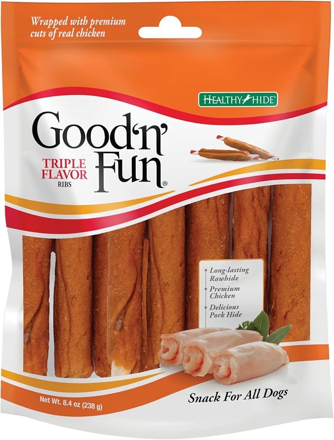 Good 'n' Fun Ribs Long-Lasting Dog Treat Made With Real Protein, 8.4 oz | Premium Chicken, Pork and Beef Hide Chew, Supports Dental Health and Mental Stimulation, For Adult Dogs