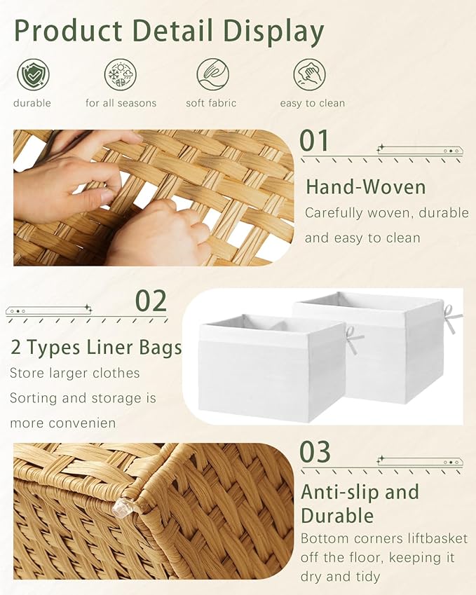SETVSON Storage Basket with Lid, 2-Lid PE Rattan Storage Bin, Natural | 160L Storage Bin with 2 Separate Lids, 2 Removable Liners for Clothes & Blankets, Sturdy Metal Frame, PE Rattan