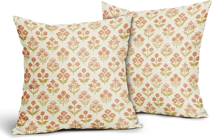 Orange Yellow Floral Block Print Pillow Covers 18x18 Inch Set of 2, Vintage Flower Pattern Decorative Throw Pillowcases Outdoor Farmhouse Cushion Covers Spring Summer Rustic Sofa Couch Bed Decor
