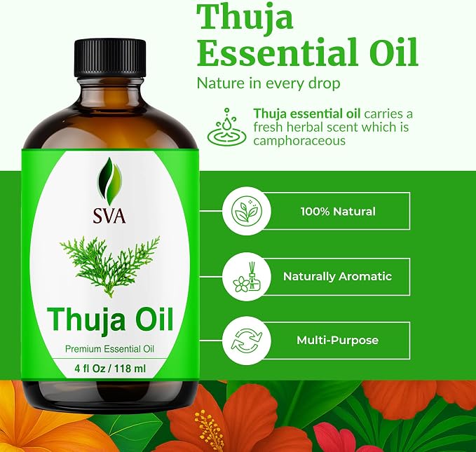 SVA Thuja Essential Oil 4 Fl Oz – for Diffuser, Skin & Hair Care – Ideal for Massage & DIY Blends - with Dropper