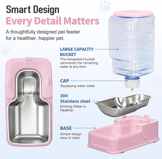 Automatic Cat Dog Feeder and Water Dispenser Set with Stainless Steel Bowl | Automatic Cat Feeder and Water Dispenser Set with Dog Stainless Steel Feed Bowl Pet Gravity Self Feeding and Waterer *2