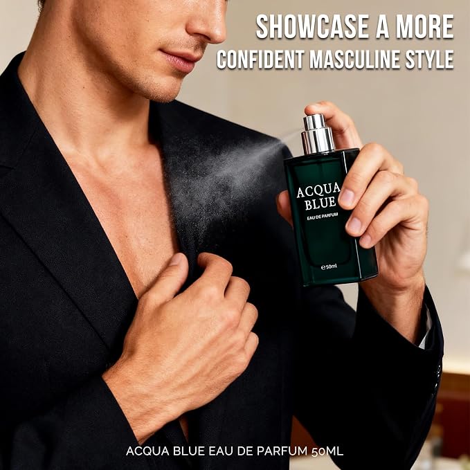 Acqua Blue Eau de Parfum for Men, 50ml Fresh Woody Fougere Cologne with Lemon, Mint & Pink Pepper Notes, Long-Lasting Clean Masculine Fragrance for Office, Daily Wear & Gifts