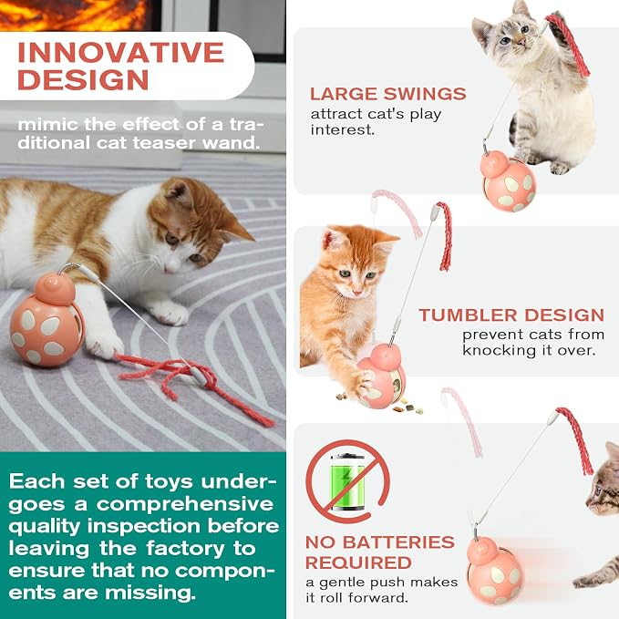 Cat Treat Dispenser Tumbler Food Toy Cats Slow Feed Ball Wand Teaser (Pink)