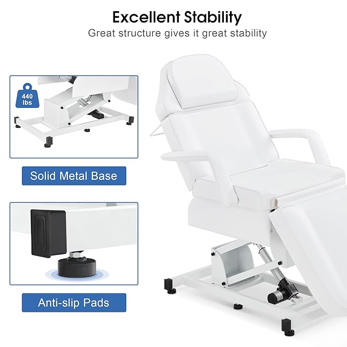 BarberPub Fully Electric Facial Bed with 3 Motor for Esthetician, Electric Tattoo Chair for Client, Facial Bed for Esthetician, Electric Adjustment 2751 (White, Height (Flat): 24"–33")