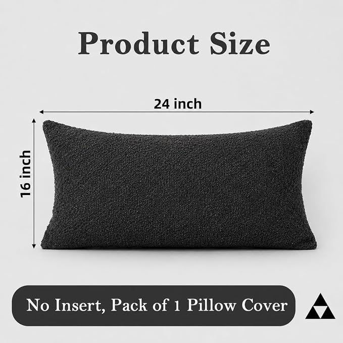 JoraLion 16x24 inch Boucle Lumbar Pillow Cover, Black Woven Texture Neutral Long Pillow Cover Breathable Cushion Case for Couch Sofa Bed Living Room Home Decor (Cover Only)