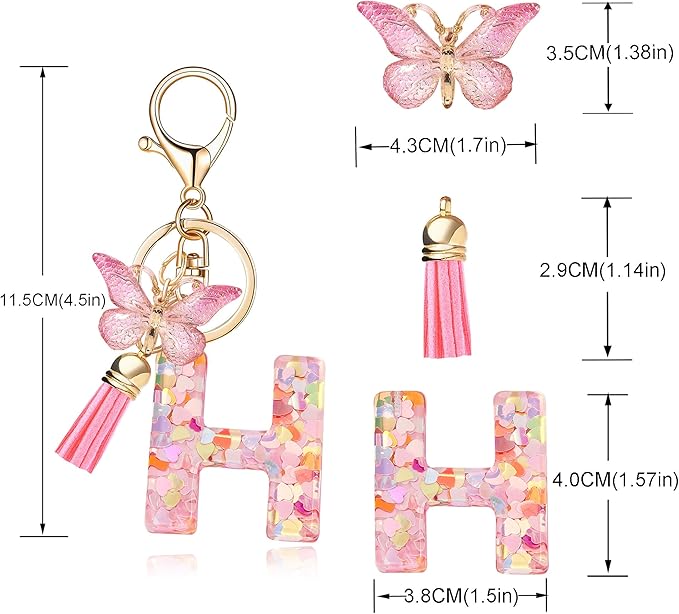 Fashion Alphabet Initial Letter Keychain Tassel Butterfly Pendant Key Ring for Purse Handbags Women Girl