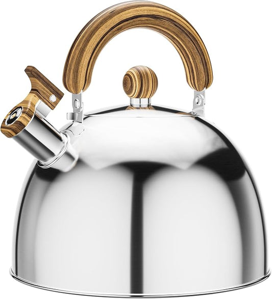 4.2 Quart Tea Kettle Stovetop Whistling for Stove Top, Handle Silver | Food Grade Stainless Steel Tea Kettles with Cool Wood Pattern Handle, Induction Compatible