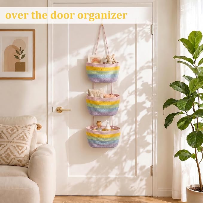 TeoKJ Over the Door Hanging Basket, 3-Tier Woven Cotton Wall-Mounted Storage Organizer Bag Decorative Hanging Nursery Baskets, Rainbow