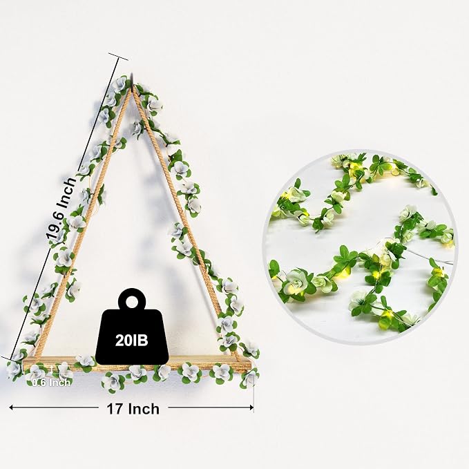RICHER HOUSE Hanging Floating Shelves No Drill, Macrame Plant Wall Shelf | 2 Set Boho Trinket Shelf with Artificial Ivy, LED Lights, Cute Wall Art Aesthetic Decor, for Bedroom, Dorm, Two-Way Install