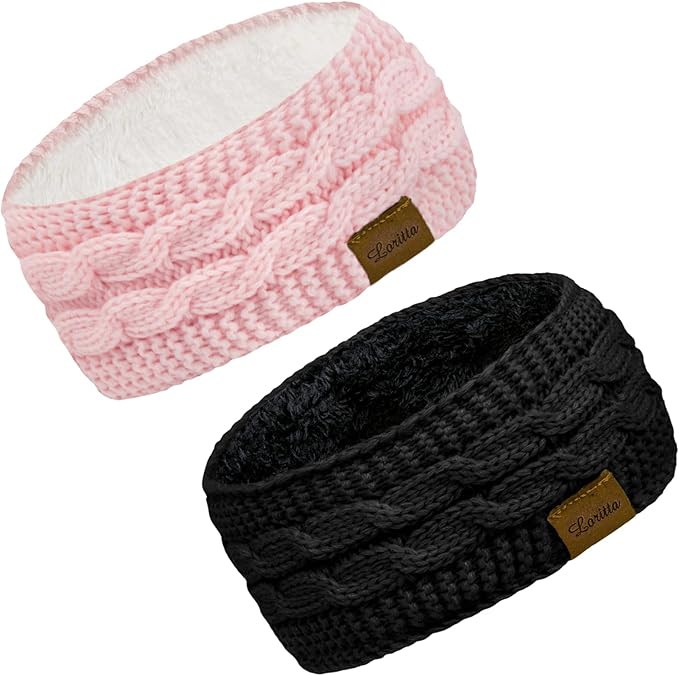 Loritta 2 Pack Headbands for Women Winter Warm Cable Knit Ear Warmer Thick Head Wrap Fuzzy Fleece Lined Gifts