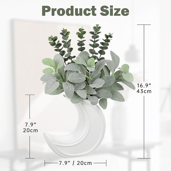 Fake Eucalyptus Plant in Crescent Moon Vase, 17" Faux Greenery Potted Plant, Rustic Moon-Shaped Ceramic Planter with Artificial Eucalyptus Leaves for Table Centerpiece Shelf Office Farmhouse Decor