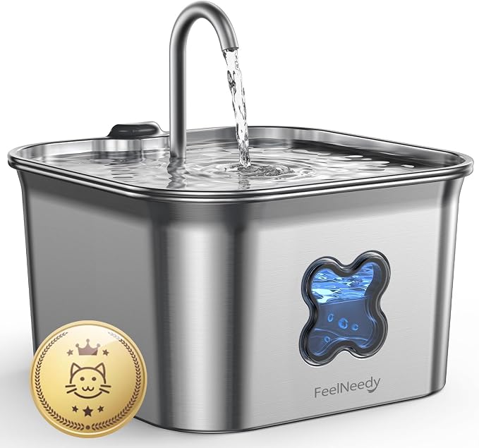 FEELNEEDY Cat Water Fountain, 304 Stainless Steel - 95oz/2.8L Faucet-Style Pet Drinking Fountain for Cats & Small Dogs, Ultra-Quiet <20dB, Dishwasher Safe, 4-Stage Filtration & Water Level Window