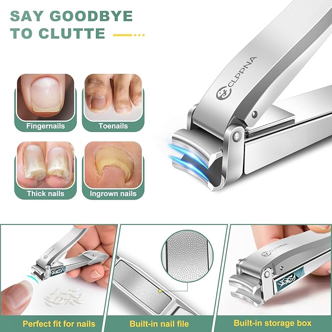 Nail Clippers for Men with Catcher, CLPPNA Heavy Duty Finger Nail Clippers Adult, Stainless Steel Nail Cutter, Fingernail & Toenail Clippers Ideal Gift for Men & Grooming Gifts, Silver