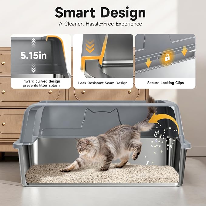 High-Sided Stainless Steel XL Cat Litter Box for Cats | High-Sided Design Prevents Urine Leakage,Non-Stick,Easy to Clean,Includes Scoop,Dark gray