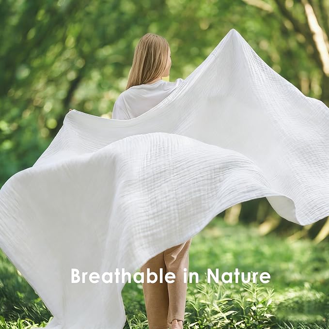 EMME Cotton Muslin King Blanket 4 Layer，Oversized Gauze Bedspread Coverlet, Soft Lightweight Breathable Layered Blanket for All Season (White, 120"x94")