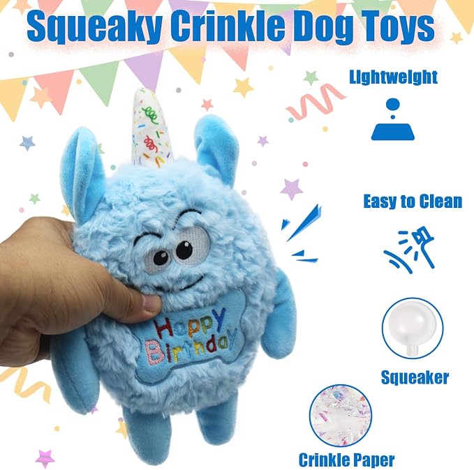 Monster Dog Birthday Toy for Gifts, Stuffed Dog Plush Toy, Blue | Crinkle Squeaky, Soft Lightweight Toy for Fetch and Chew, Interactive Outdoor Indoor Play for Tug, For Puppy Small Medium Dog